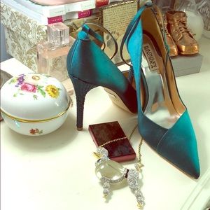 Badgley Mischka Teal Satin Ankle Strap Heels
